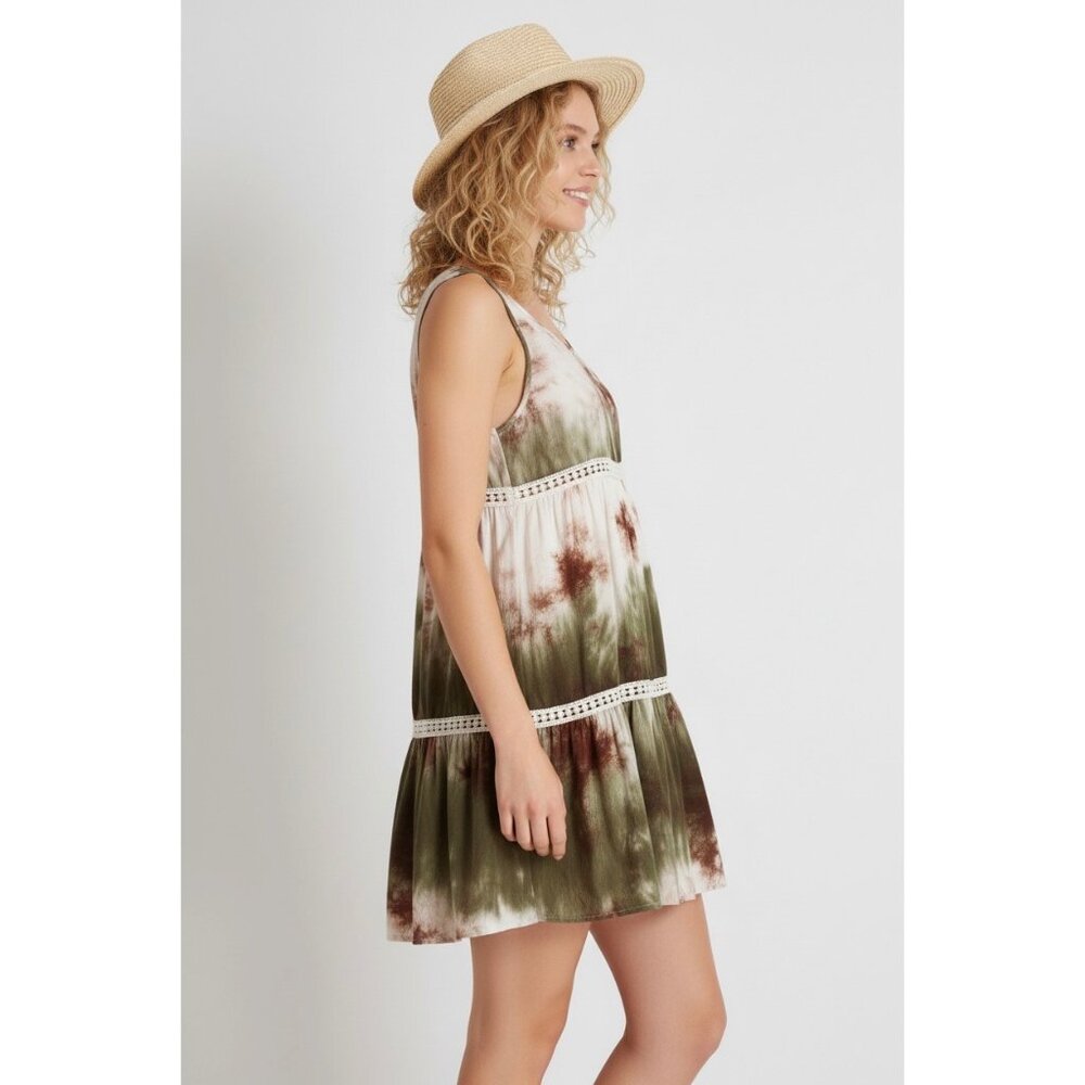 NWT Green Tie-Dyed Tiered Ruffle Hem Mini Slip Dress | Coastal Cowgirl Boho Chic - Picture 4 of 9